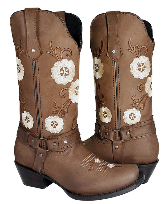 Bota de Rodeo Flores Strap p/Dama color Café ID: 340396